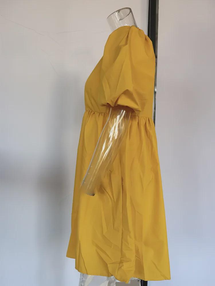 Однотонное мини-платье с рукавами-фонариками: Квадратный вырез на одно плечо в семи весенне-летних цветах