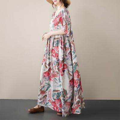 Лето Плюс Художественное Свободное Повседневное Платье А-силуэта Средней Длины С Короткими Рукавами Для Женщин Повседневные Платья