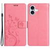 For iPhone 16 Plus Case Wallet PU Leather Butterfly Floral Phone Cover with Strap