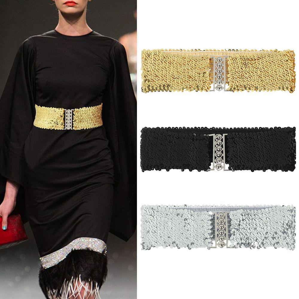 Stretch Metal Buckle Waistband Ladies Dress Cummerbands Sequin Wide Elastic Belt Belly Waist Band
