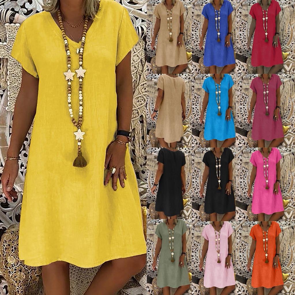 Женское летнее свободное однотонное платье трапециевидной формы с короткими рукавами и v-образным вырезом