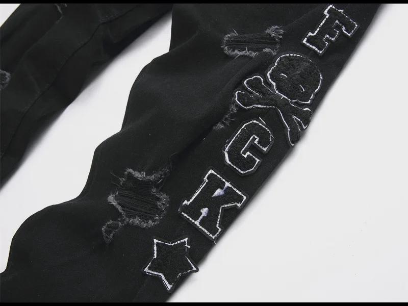 2024 г. Узкие черные вышитые джинсы-скинни для мужчин в стиле панк-стиля