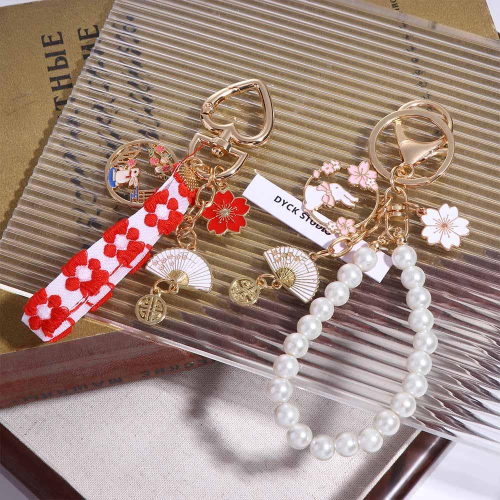 Sakura Pearl Fan Korean Style Pendant Women Backpack Decor Rabbit Keychain Floral Zinc Zinc Alloy Keyring