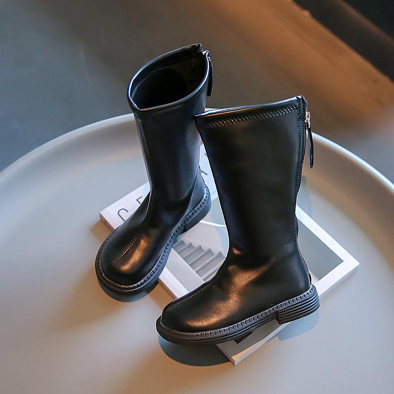 2024 Girls High Boots Kids Fashion Chic Solid Black Uniform Party Shoes Back Zip Winter Warm Breathable Low Heels Children Boots