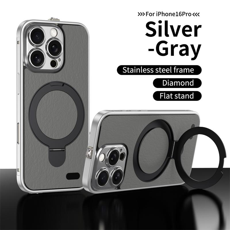 Чехол для телефона Magsafe с магнитной подставкой для iPhone 16 15 Pro Max с беспроводной зарядкой, металлический, алюминиевый, с полной защитой объектива, кожаный чехол
