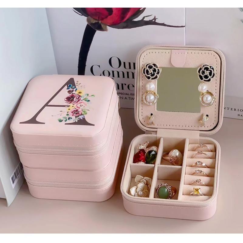 PU Jewelry Box Storage Mirror Box 26 Printed Letter Jewelry Box Portable Jewelry Storage Box Earring Ring Box
