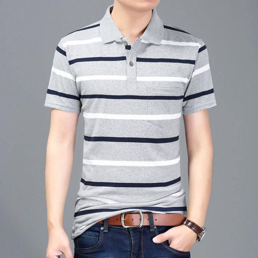 Рубашка поло с коротким рукавом, мужская футболка, свободная полосатая рубашка поло для мужчин, летняя рубашка