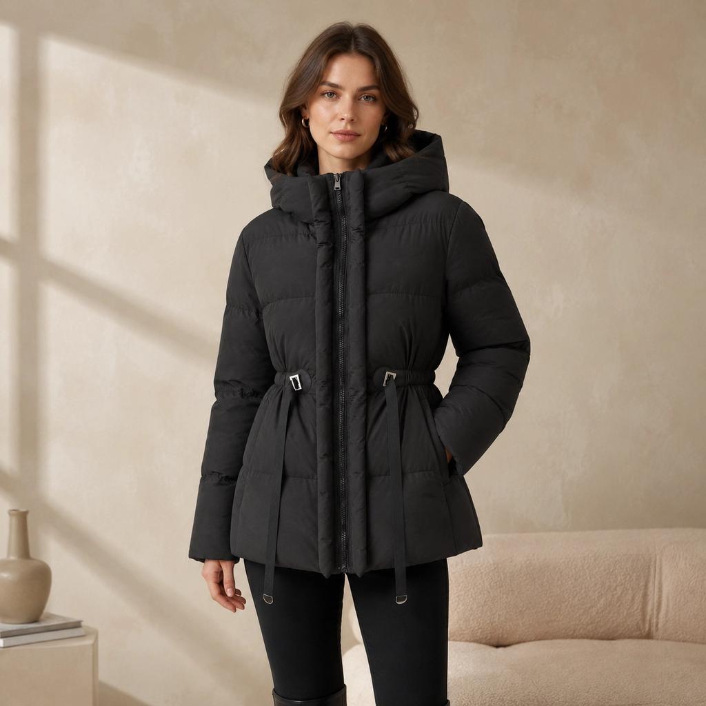 American waist hooded down cotton clothes women's medium and long winter thin temperament thickened thermal cotton jacket