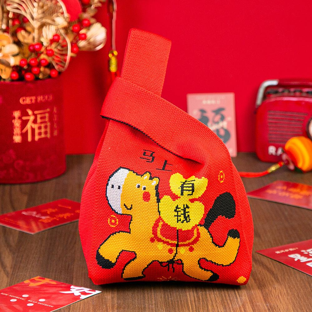 Год Лошади Красный Узел Сумка на Запястье Мультяшный Талисман Пони Вязаная Конфетная Сумка-Тоут Многоразовая Сумка для Покупок Подарочная Упаковочная Сумка