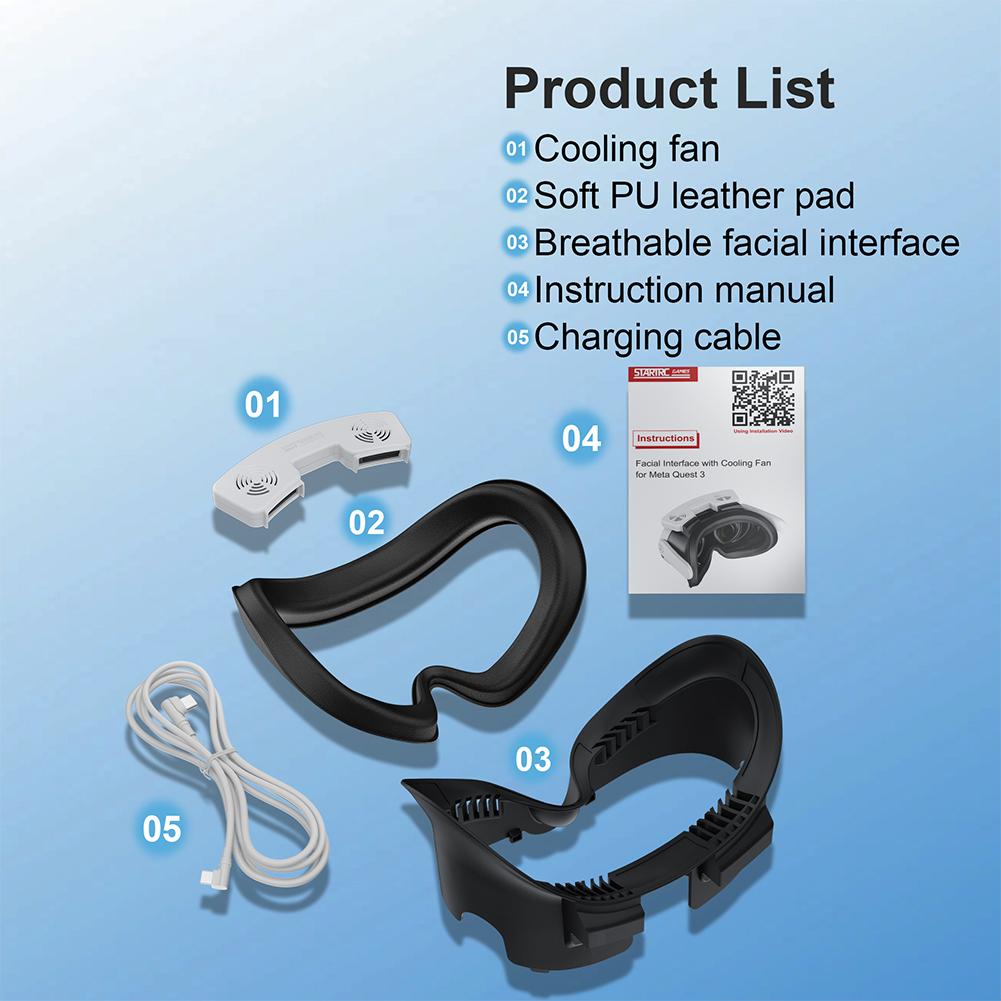 VR Cooling Fan Air Circulation Breathable Cooling Fan Face Cover 3 Speeds with PU Face Cushion Pad for Meta Quest 3 VR Headset
