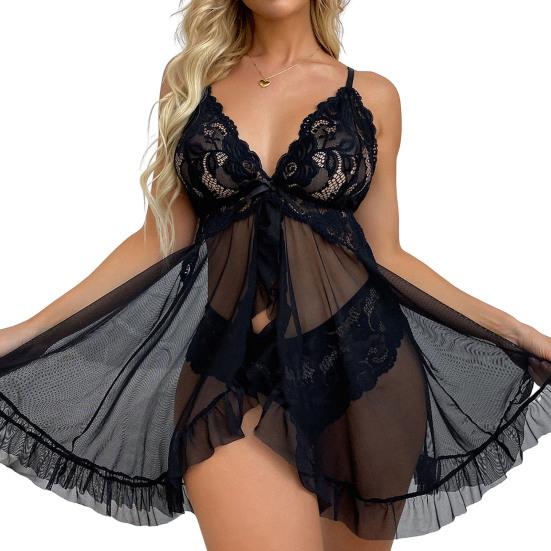 2 Pcs/Set Nightdress Panties Set Hollow Out Lace V Neck Spaghetti Strap See-through Mesh Ruffle Bow High Waist Underpants Set