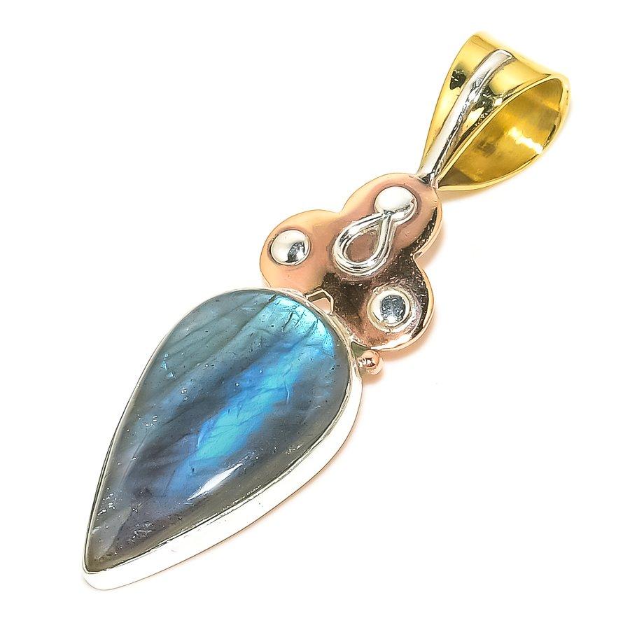 Natural Labradorite TwoTone 925 Solid Sterling Silver Jewelry Pendant 1.75" I9d91