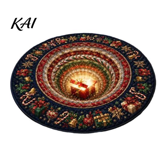 Holiday Party Home Decoration Round Christmas 3D Rug, Optical Illusion Area Santa Claus Gnome Quilted-Like Comfortable Barefoot Floor Mat Anti-slip