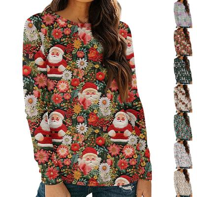 Женские рубашки с длинным рукавом и круглым вырезом, повседневные топы, туники с рождественским принтом, свободные футболки
