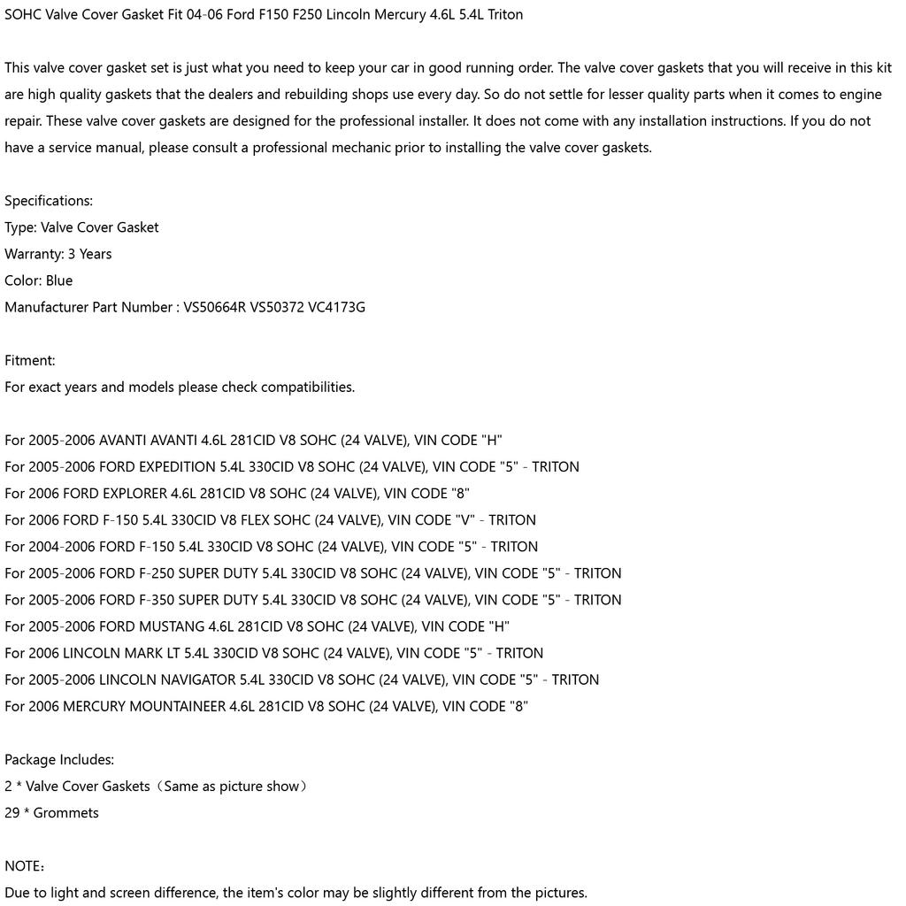 Valve Cover Gasket Fit 04-06 Ford F150 F250 Lincoln Mercury 4.6L 5.4L Triton
