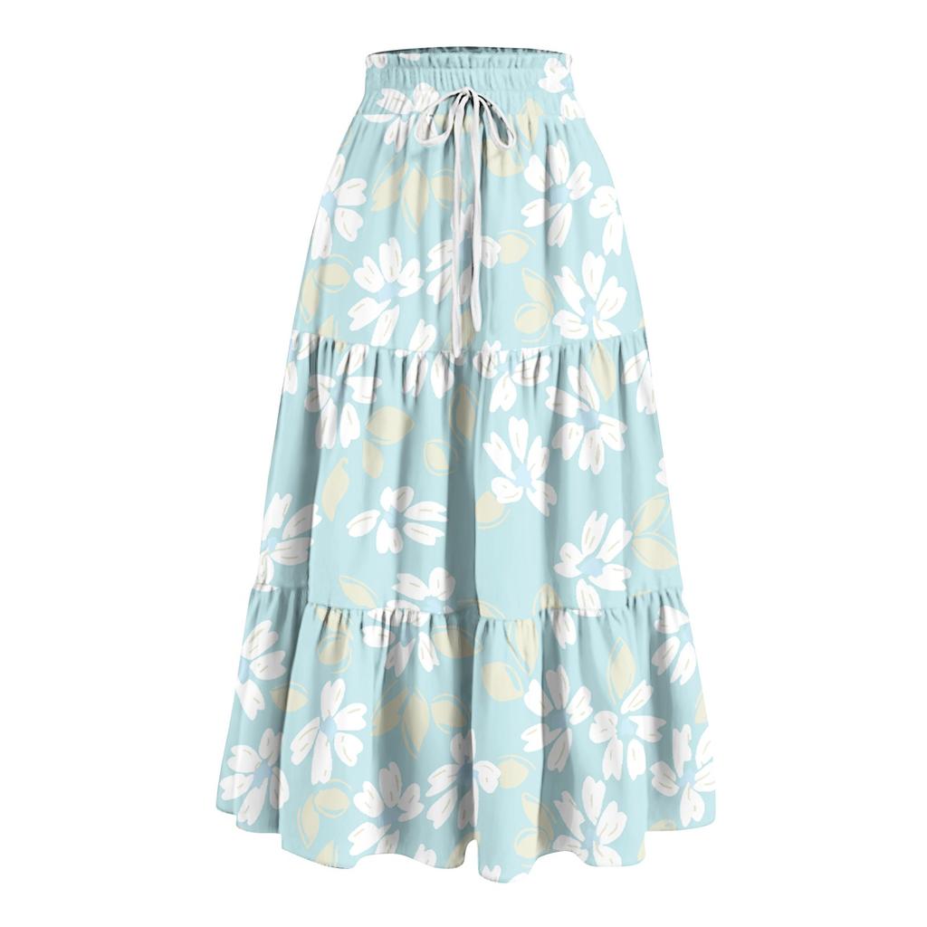 Women's Ruffled Spring Casual Long Skirt Plain Color Skirt Retro Pleated Skirt