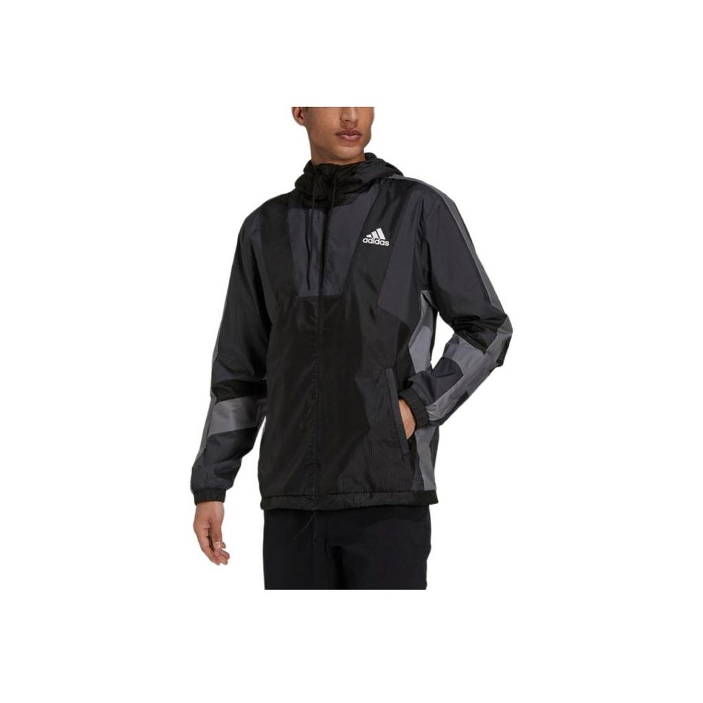 Adidas Logo Print Drawstring Hooded Zip-Up Sports Jacket Men Outerwear Black H31442