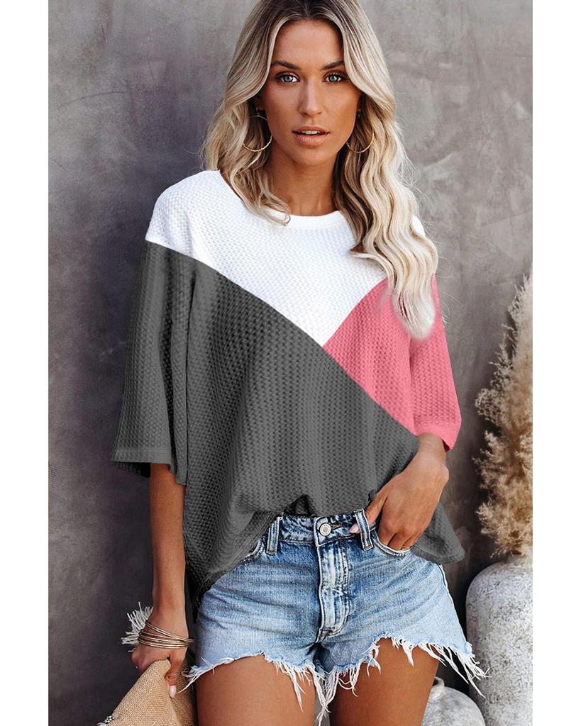 Azura Exchange Strawberry Pink Colorblock Waffle Knit Half Sleeve T Shirt