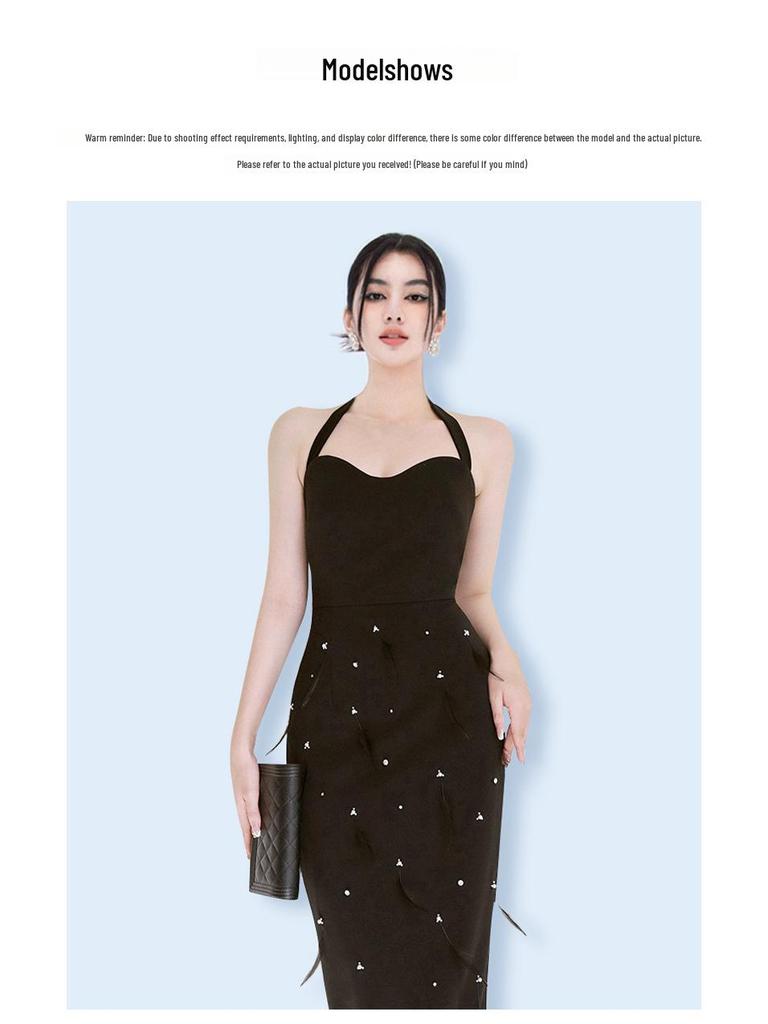 2024 Осень Сексуальное Платье Холтер С Открытой Спиной Перьями Бисером Средней Длины