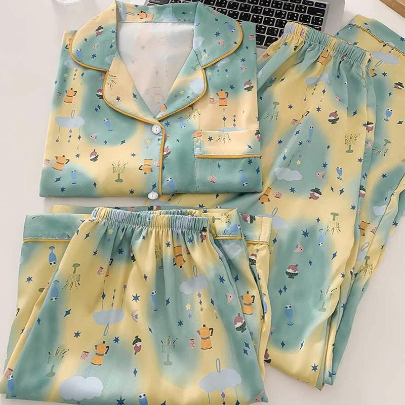 Пижама из 3 предметов для женщин с рисунком, милая, корейская, Harajuku, молочный шелк, женская домашняя одежда для сна, новая осенняя мода, для отдыха