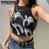 Летние женские укороченные топы с круглым воротником и принтом фигуры, черно-коричневые повседневные короткие жилеты без рукавов для девочек