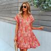 Women Floral Print Short Dress V Neck High Waist Butterfly Sleeve Casual Summer Fall Sizes S XL
