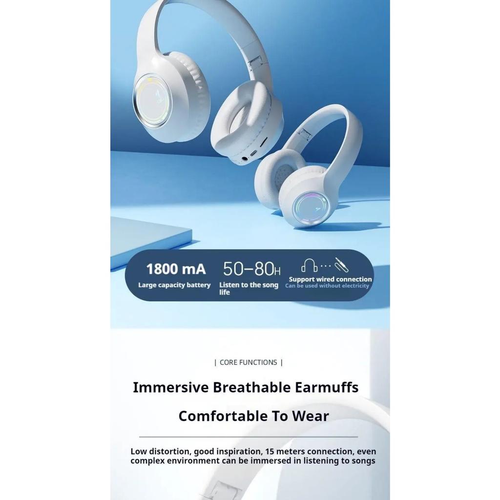 Colorful Light Wireless Bluetooth Headphones Over Ear HIFI Stereo Headsets Sports Gameing Earphones TF/AUX Music Player HD Mic