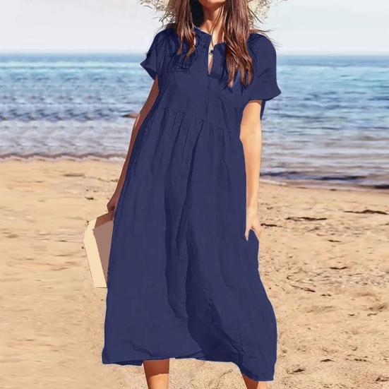 Women's Cotton Linen Maxi Dress Casual Short Sleeve V-Neck Sundress Loose Beach