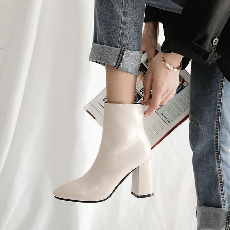Модная обувь Женские ботильоны Лакированная кожа Большой размер 33-45 Ботинки челси Квадратный носок Боковая молния Осенне-зимняя обувь Женская Бежевый Черный