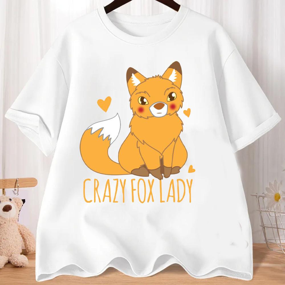 Lovely Cartoon Fox Graphic T-shirts Comfort and Fashion Coexist Short-sleeve Round Neck Regular Fit Clothes CRAZY FOX LADY