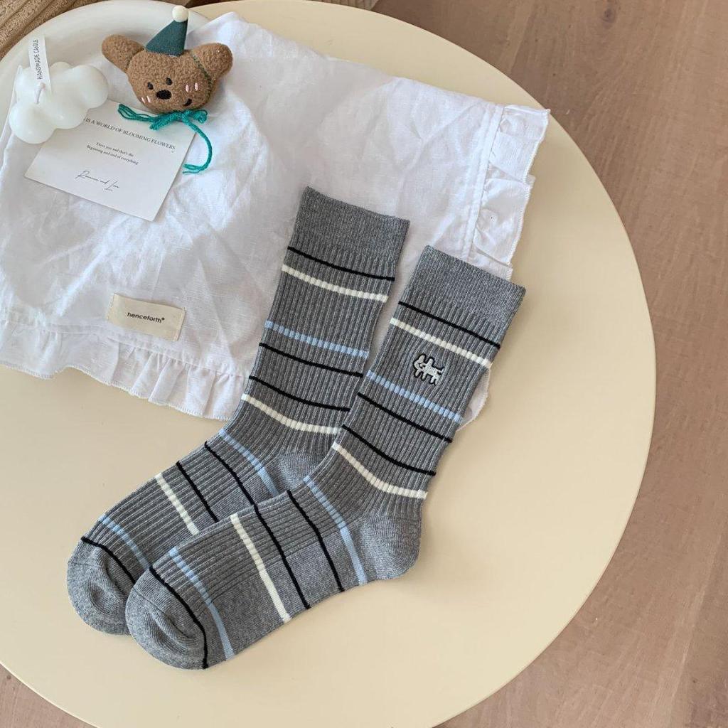 Мультяшная вышивка щенка, милые носки, женские осенне-зимние носки средней длины, корейские полосатые хлопковые вязаные эластичные длинные носки