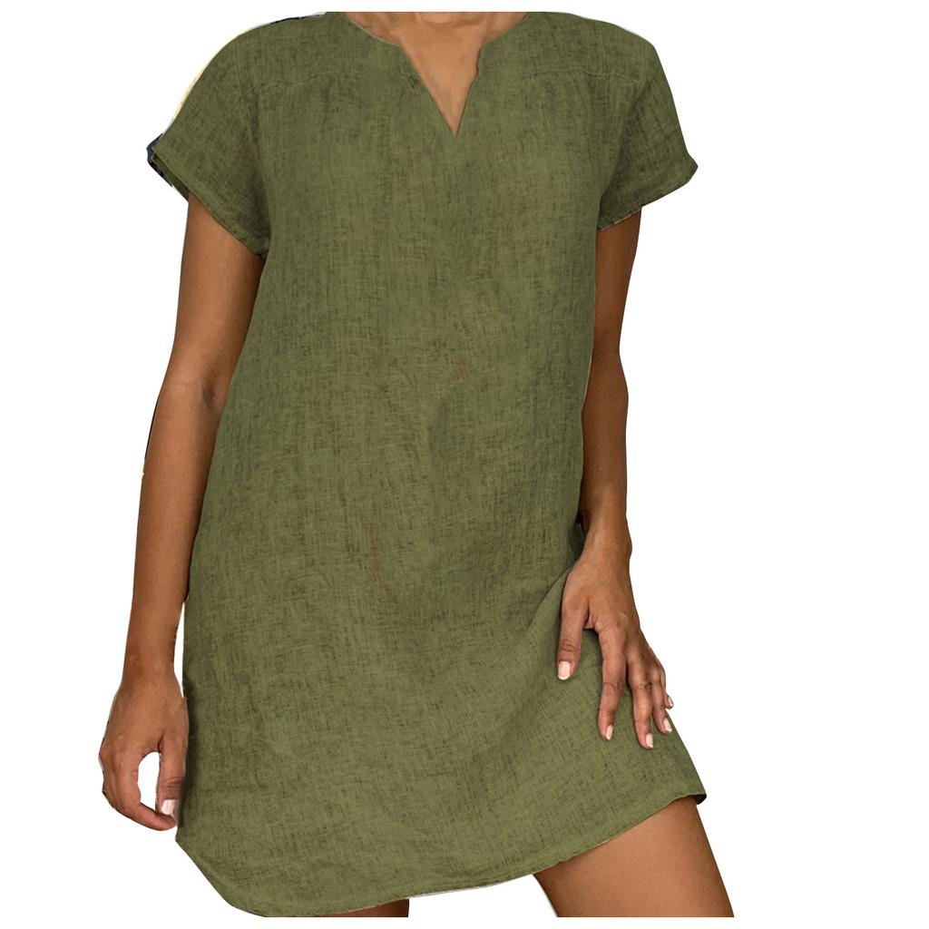Женская мода, летняя свободная юбка, хлопковое льняное платье с коротким рукавом и v-образным вырезом
