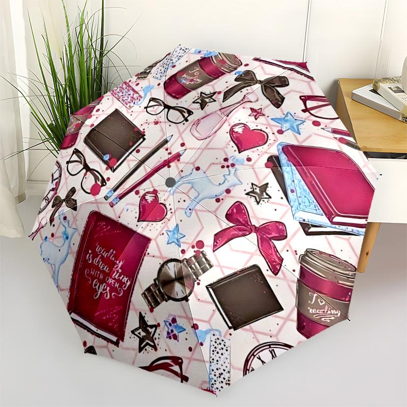 1pc Book Print Automatic Opening/Closing Umbrella with Operation & Windproof Canopy yy260311021