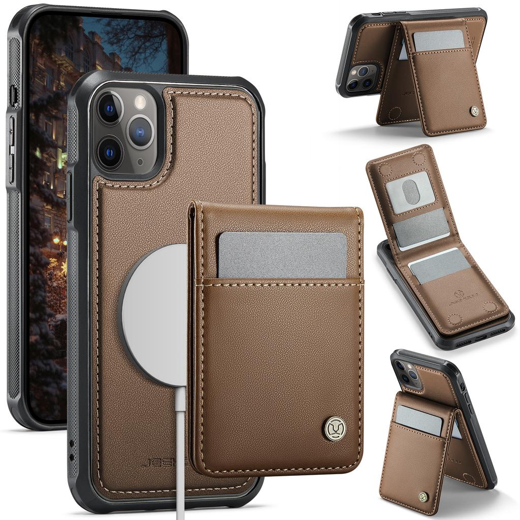For iPhone 11 Pro Leather Back Cover Compatible with MagSafe JEEHOOD J06 Phone Case with Card Bag RFID Blocking