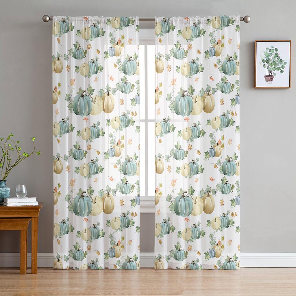 Thanksgiving Pumpkin Leaves White Voile Drapes For Bedroom Space Tulle Window Drape For Living Room Sheer Drapes Shades Drapes