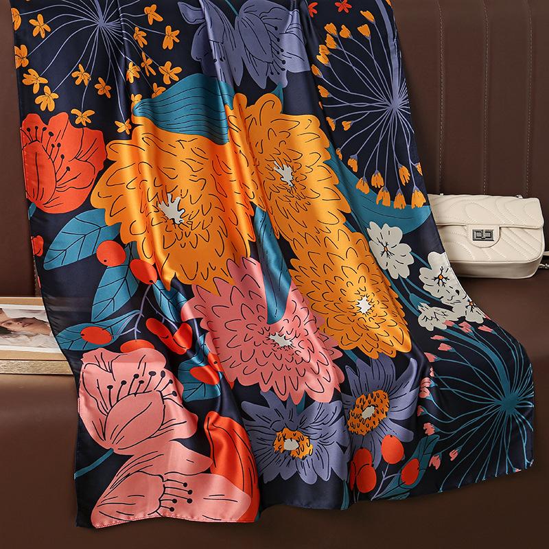 Модный длинный шелковый шарф из атласа лицин с принтом диких растений и цветов, весенне-летняя шаль для отдыха на берегу моря
