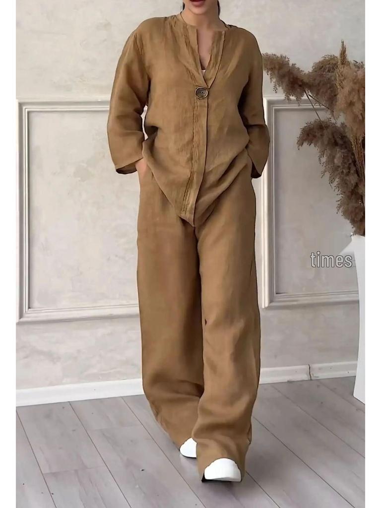 Летний женский комплект больших размеров из хлопка и льна: рубашка и длинные брюки с высокой талией