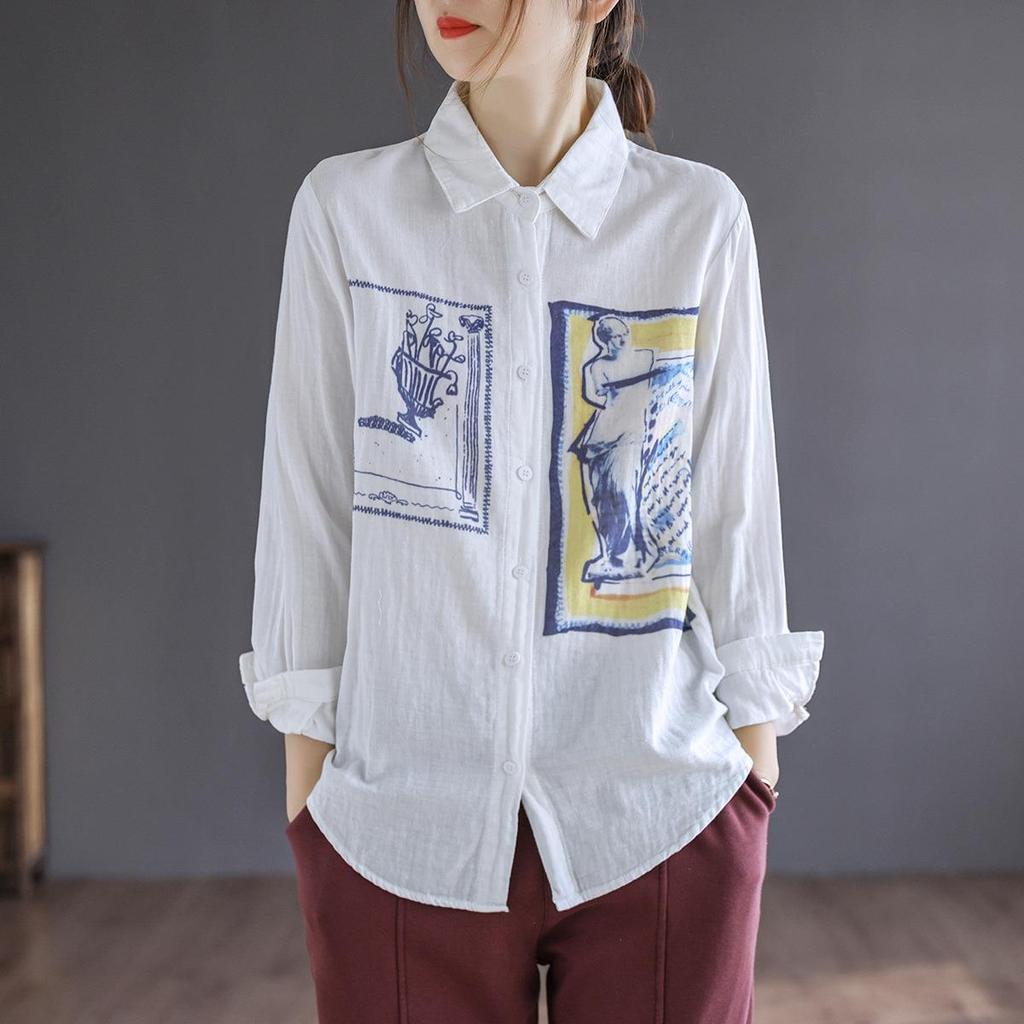 Johnature Women Loose Print Floral Shirts Turndown Collar Long Sleeve Vintage Shirt Autumn Chinese Style Casual Blouse