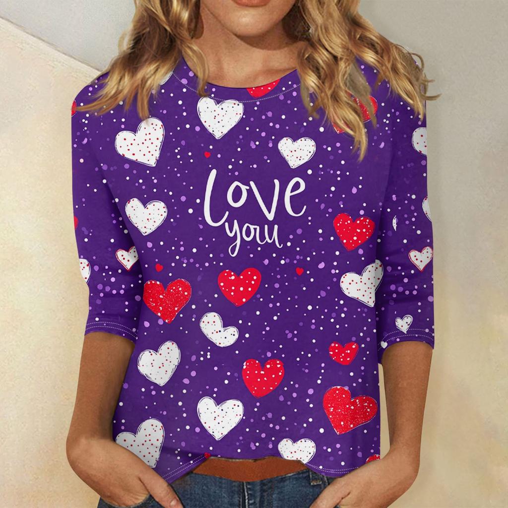 Женские топы с рукавом три четверти, рубашка на День святого Валентина, круглая горловина, свободная повседневная рубашка