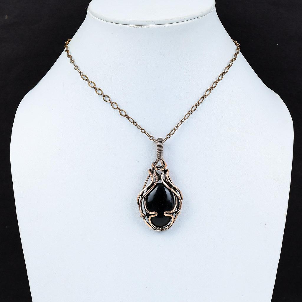 Amazing Black Onyx Gemstone Handmade Pure Copper Wire Wrapped Jewelry Pendant
