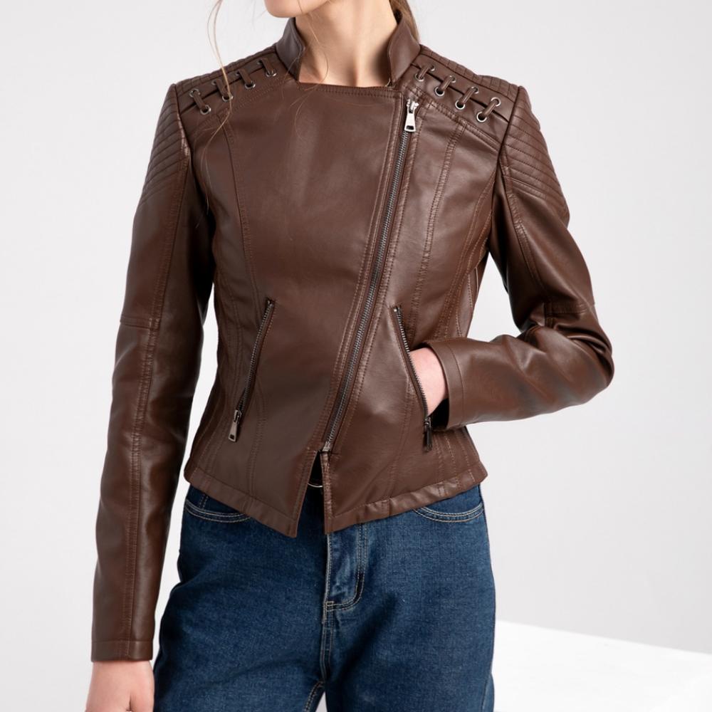 GMXIA Women's Solid Color Print Spring and Autumn Female Leather Dress Female Short Jacket Slim Slim Long Sleeve POLO Neck Jackets & Coats