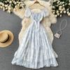 Summer Women French Long Fairy Dress Slash Neck Floral Printed Bandage Chic Dress Puff Sleeve Elegant Beach Feminine Dress