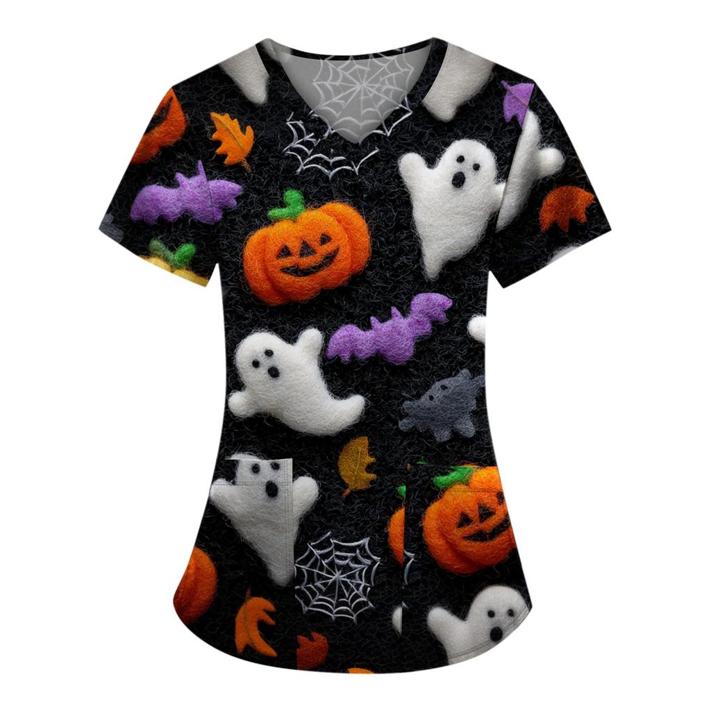 Плюс размерСкраб с принтом Рабочая форма Топы для женщин Крест V-образным вырезом Хэллоуин Принт с короткими рукавами Забавные футболки Спецодежда Футболка с карманами