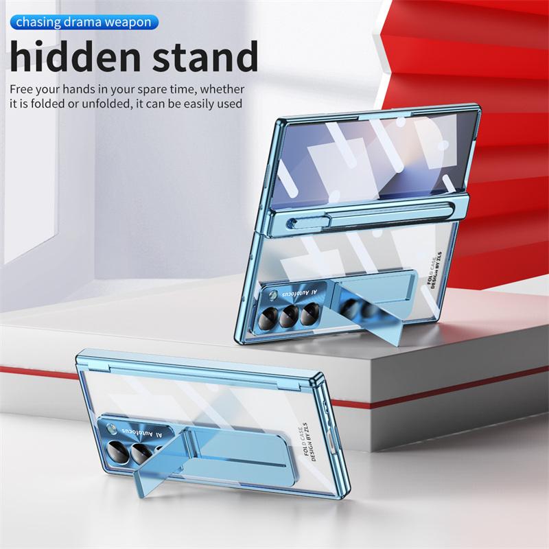 For Samsung Galaxy Z Fold 8 Ultra / 7 6 5 4 3 Plating PC Double Hinge Protect Stand Pen Slot Case with Tempered Glass Stylus Pen