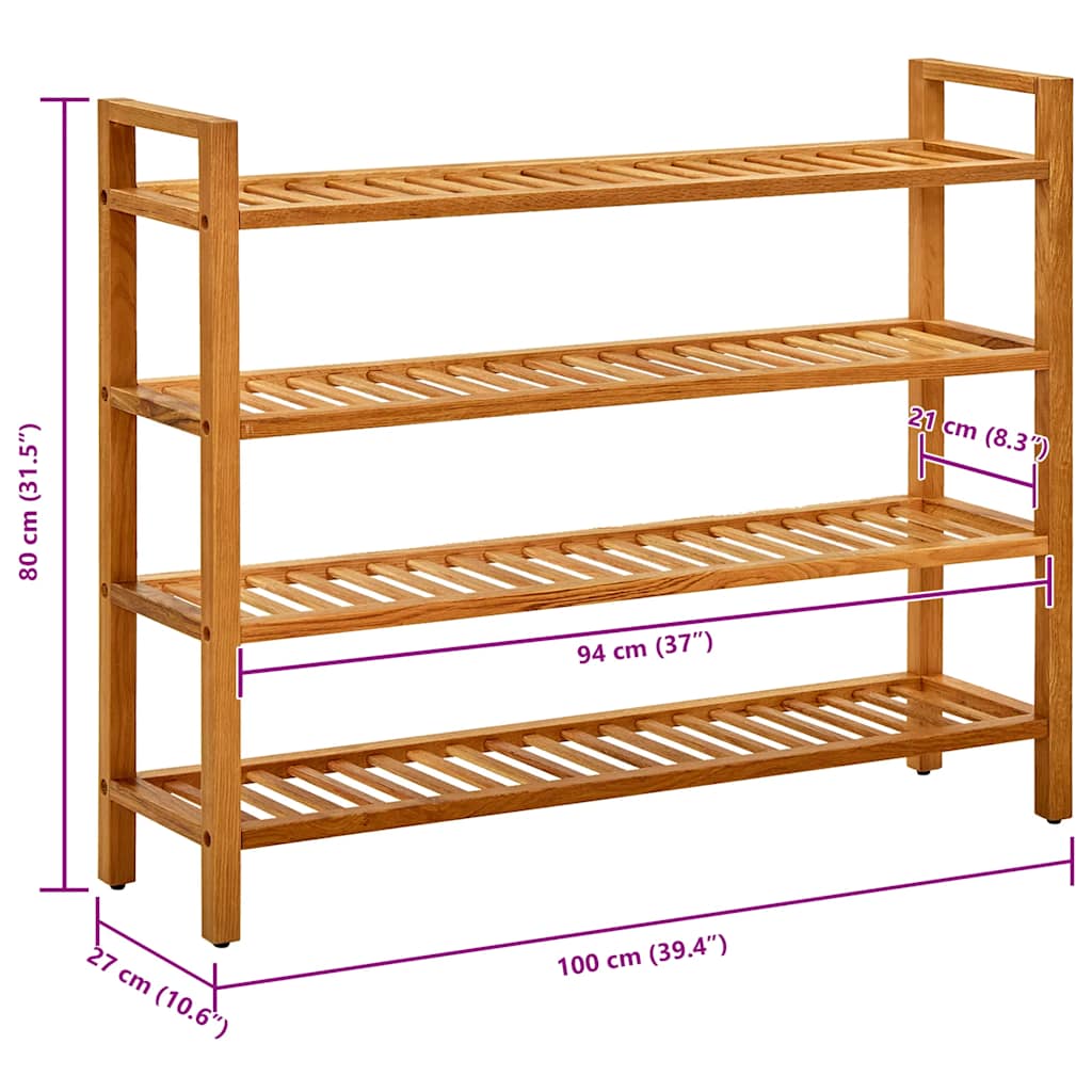 4 Tier Shoe Rack 100 x 27 x 80 cm Solid Oak Wood