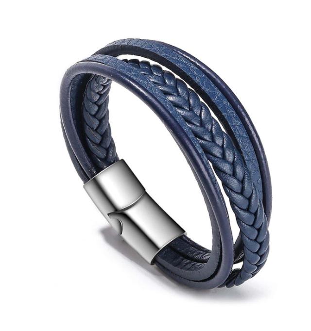 Multi-Layered Navy Blue Leather and Braided Cord Bracelet 23cm