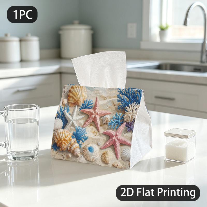 1pc Tissue Box, Oil Painting Seashells Starfish Beach Serenity Pattern, 2D Flat Printing, Made from Tough Polyester, Strong And Firm, Napkin Dispenser