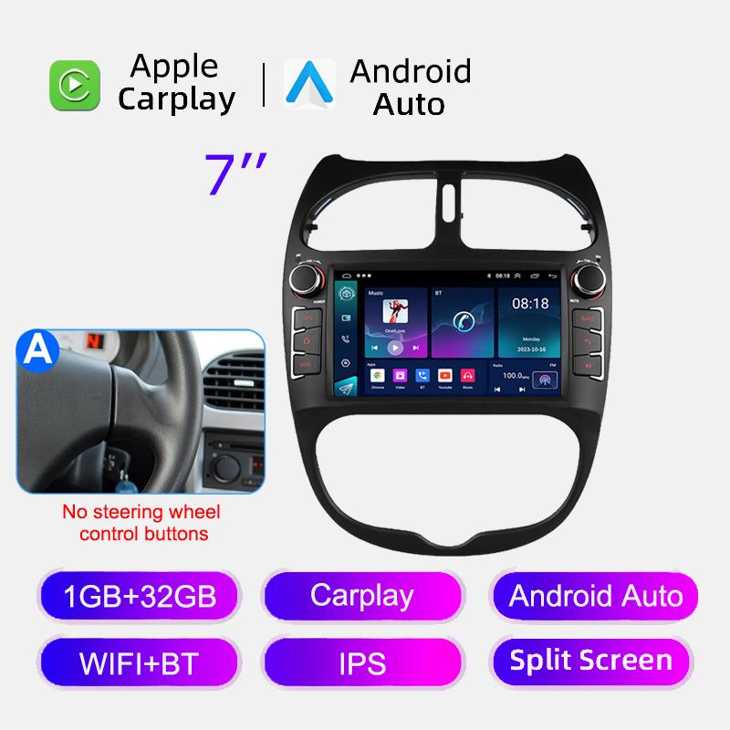 Android 12 Автомобильное радио для PEUGEOT 206 206CC 206SW 2000-2008 Мультимедийный проигрыватель GPS-навигация 7 дюймов с кнопками Carplay Головное устройство