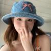 Korean Bowknot Bucket Hat Sweet Washed Denim Hat Fashion Bow Embroidery Hat  for Girls
