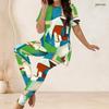Women Plus Size Striped Printed Round Neck Short Sleeve Two Piece Set Long Top And Fitted Pants